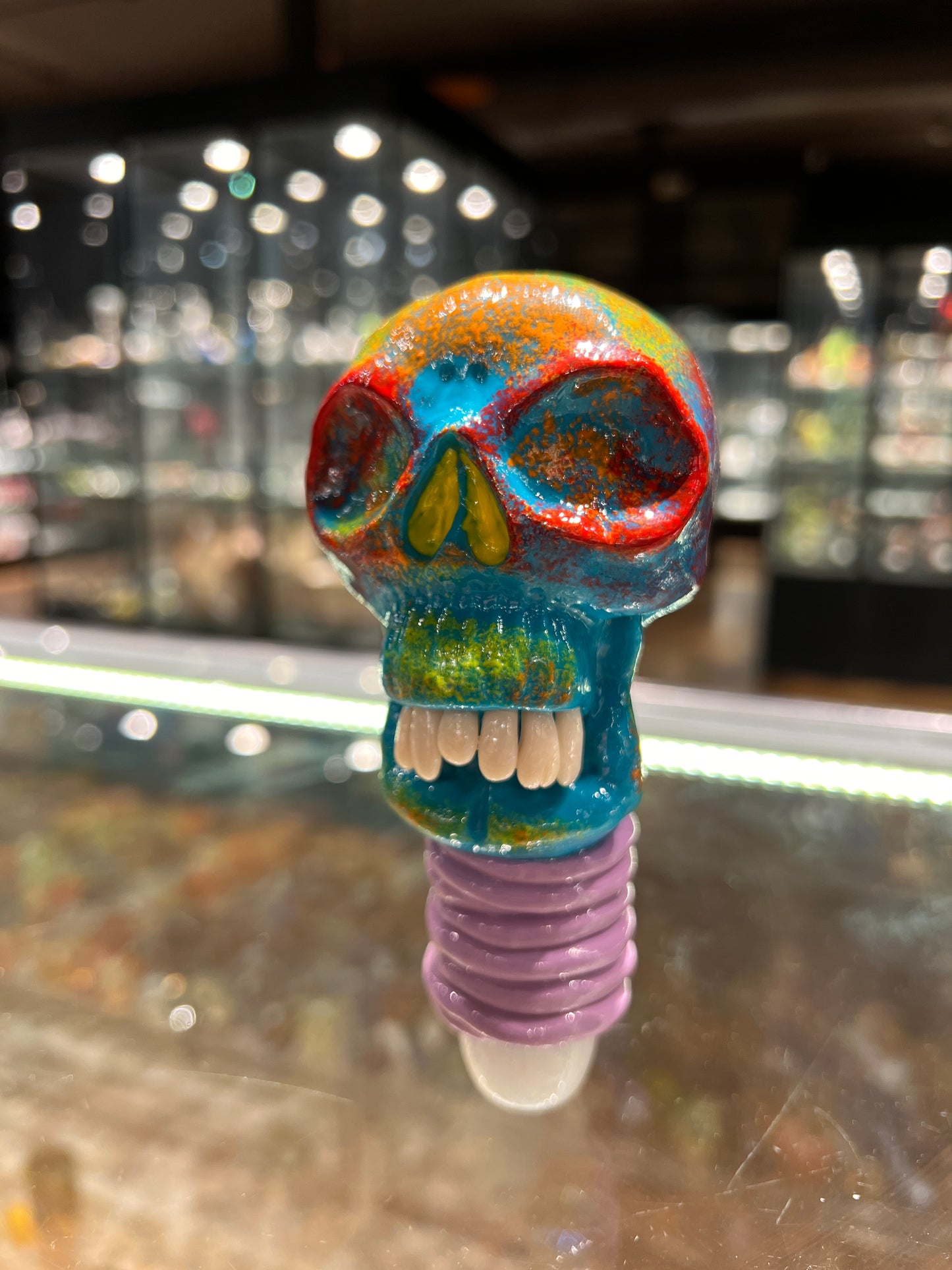 Large Glass Spoon Pipe with Los Dias De Los Muertos Sculpted Skull Design #1